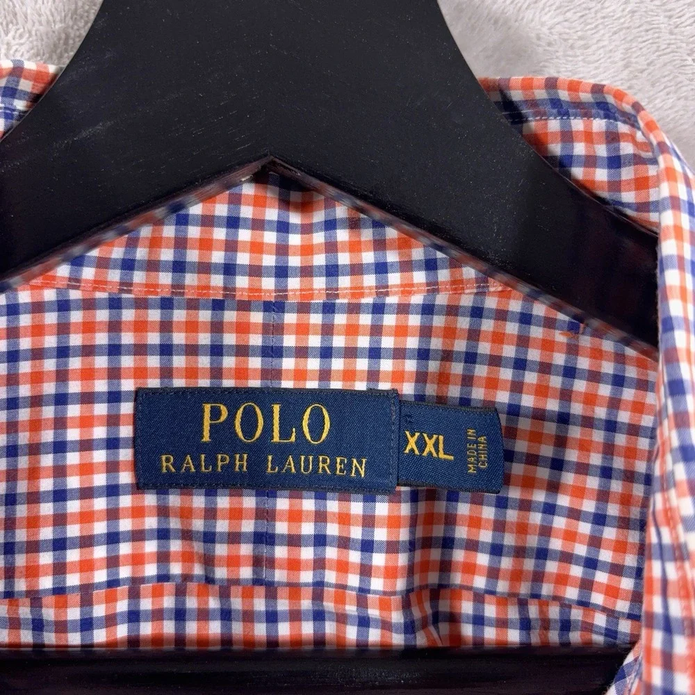 Polo Ralph Lauren Button Up Shirt Mens XXL Orange Blue Gingham Check Cotton